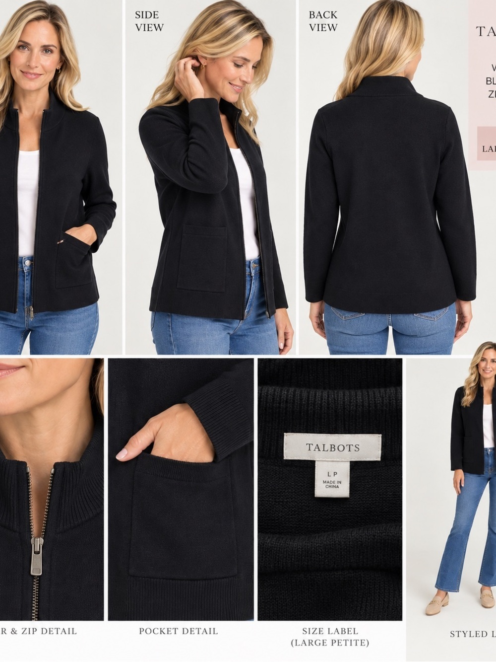 Womens Black Knit Zip-Front Jacket